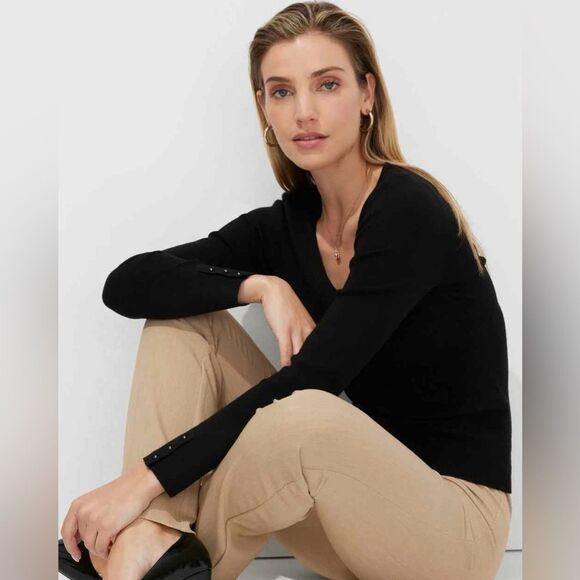 White House Black Market Ribbed Black V-neck Sweater Pullover Sz S - Picture 5 of 14